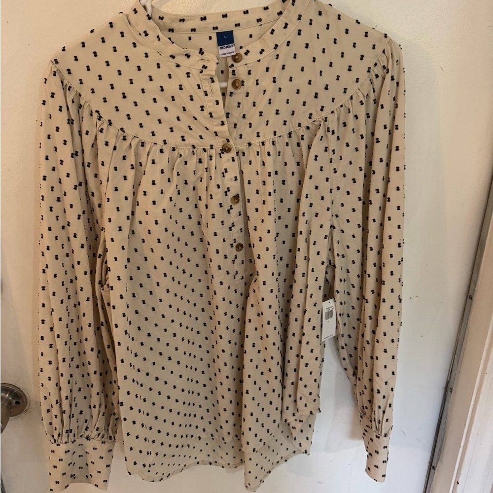 Old Navy Beige Blouse with Black Dots